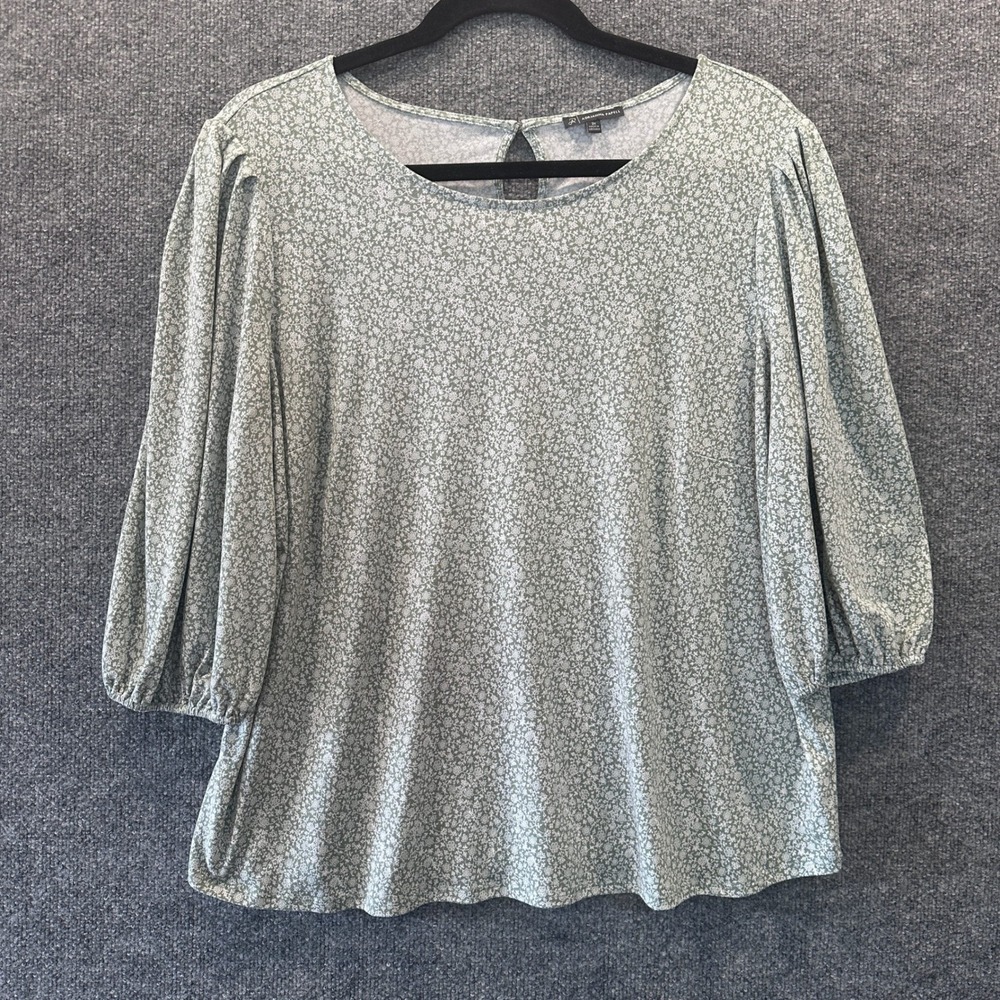 Adrianna Papell Sage Green Floral Puff Sleeve 2X Top Cottagecore Bohemian Office - Picture 2 of 6